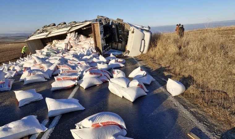 Yem yüklü tır devrildi, sürücü yaralandı