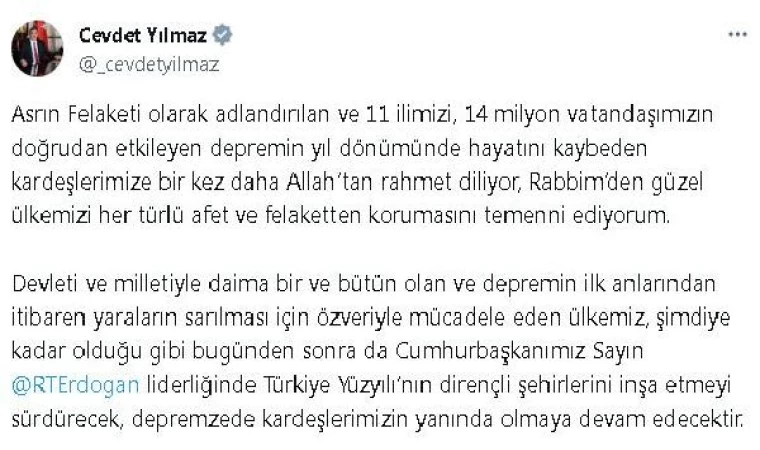 Yılmaz: Deprem bölgesinin ihyasını 2024’te tamamlamayı planlıyoruz