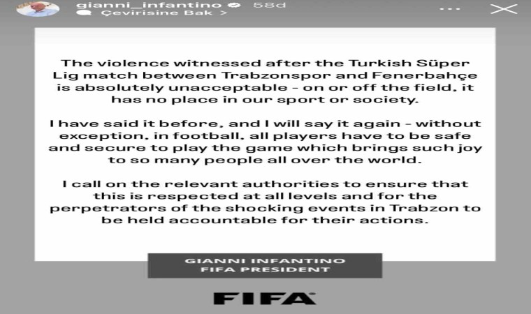 FIFA Başkanı Infantino: Trabzonspor - Fenerbahçe maçında yaşananlar kabul edilemez