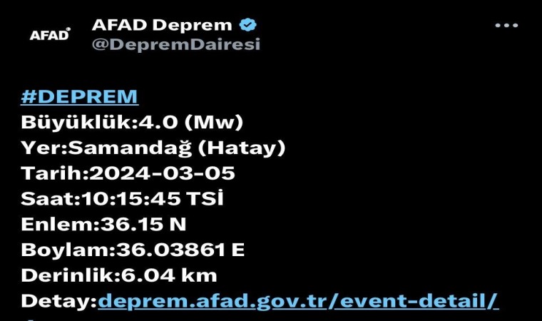 Hatayda 4 büyüklüğünde deprem