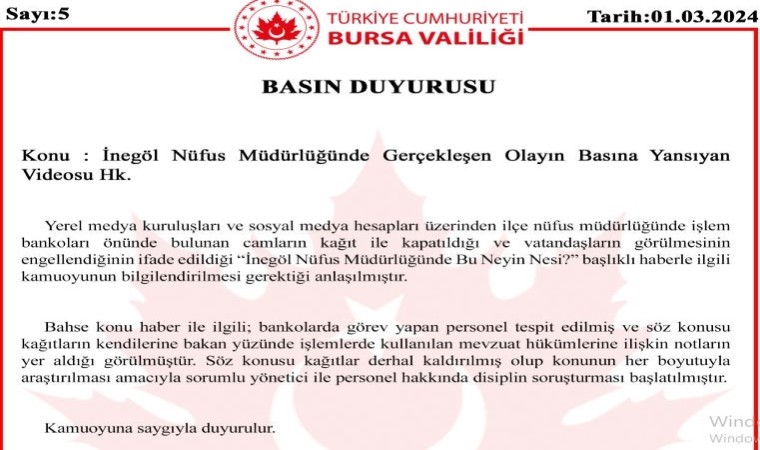 İnegöl Nüfus Müdürlüğünde çekilen videoya ilişkin valilikten açıklama