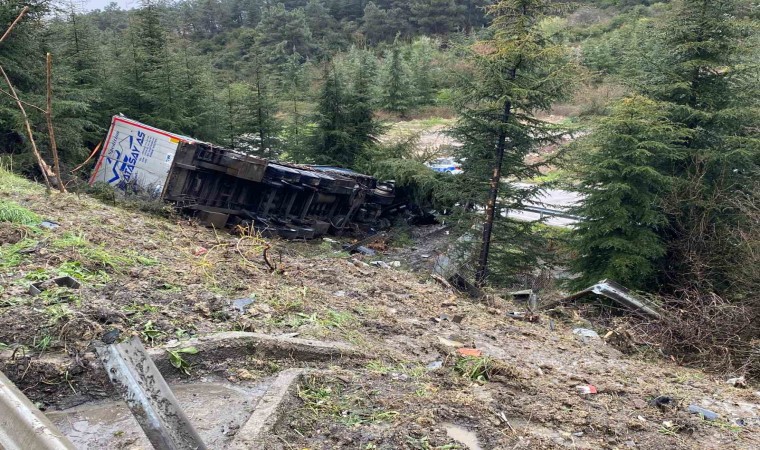 Kayganlaşan yolda bariyerlere çarpan tır ağaçlık alana uçtu: 1 ölü