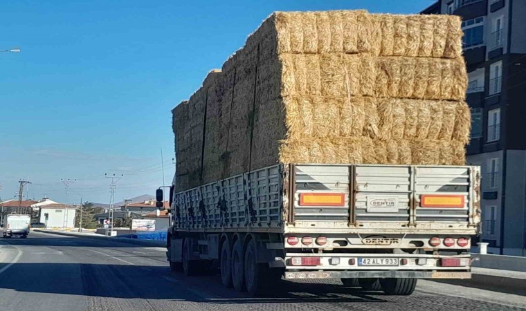 Konyada çadırsız balya yüklü tırın tehlikeli yolculuğu