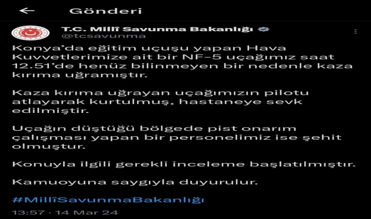 Konyada eğitim uçağı şantiye alanına düştü: 1 şehit