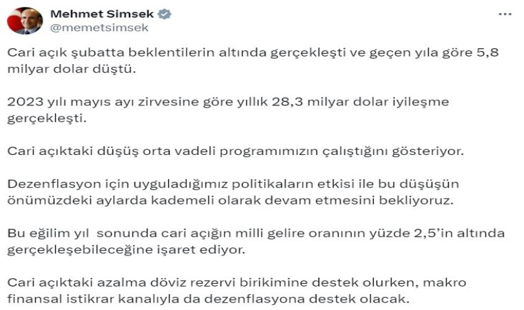 Bakan Şimşek: “Cari açıktaki düşüş orta vadeli programımızın çalıştığını gösteriyor”