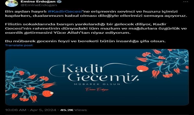 Emine Erdoğandan Kadir Gecesi mesajı