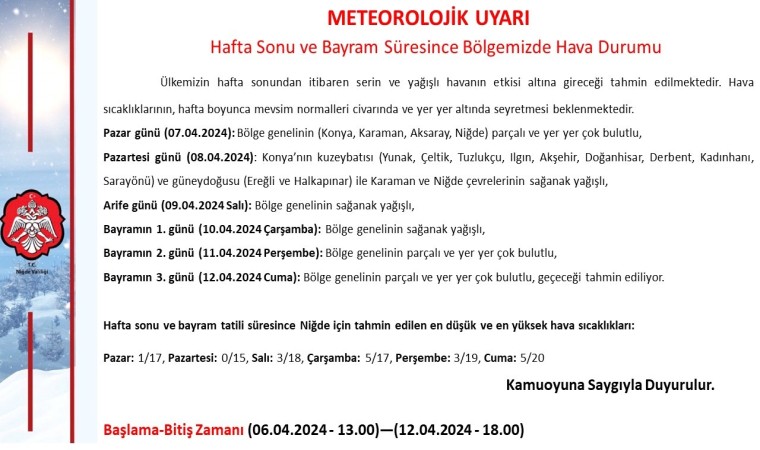 Niğdede bayramda hava serin olacak