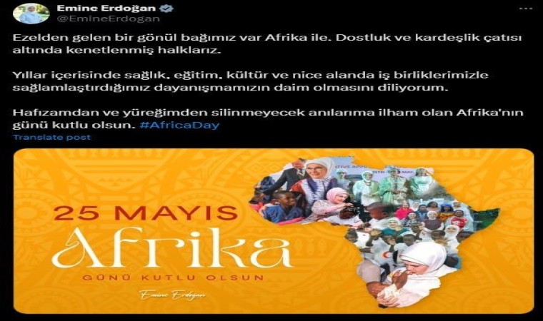 Emine Erdoğandan Afrika Günü paylaşımı