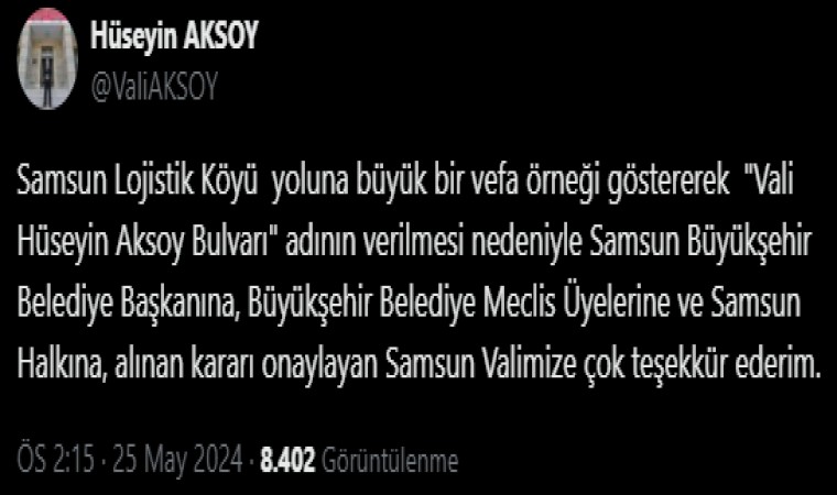 İsmi Samsunda bulvara verilen Vali Aksoydan teşekkür mesajı