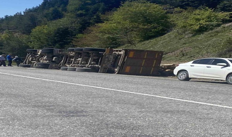 Kastamonuda tomruk yüklü tır devrildi: 1 yaralı