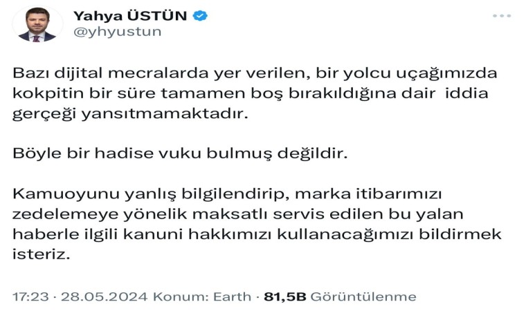 THYden uçağın kokpitinin bir süre boş kaldığı gündeme oturdu