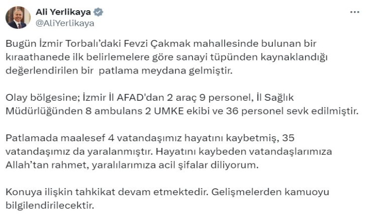 Bakan Yerlikaya: (İzmirdeki) Patlamada maalesef 4 vatandaşımız hayatını kaybetti