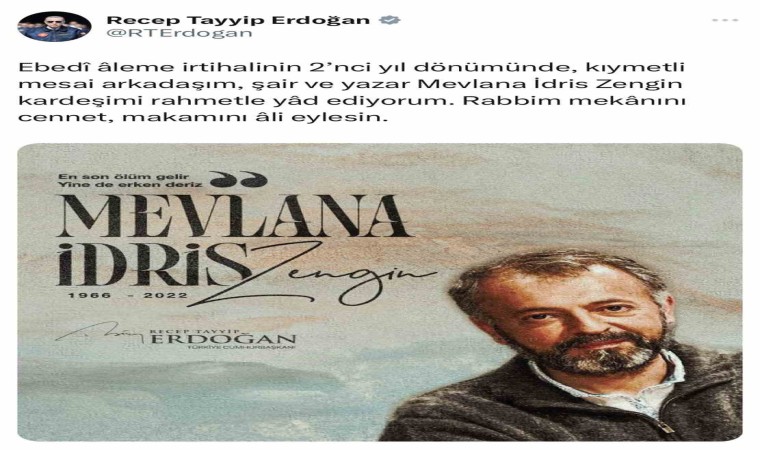 Cumhurbaşkanı Erdoğandan Mevlana İdris Zengin paylaşımı