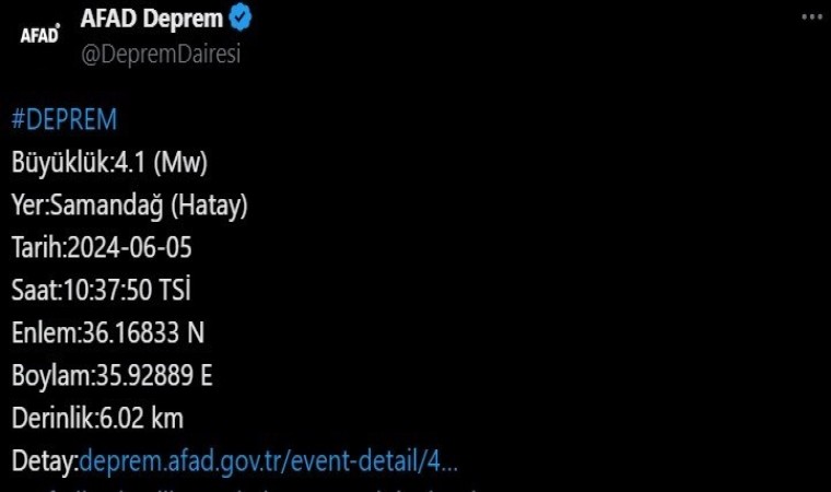 Hatayda 4.1 büyüklüğünde deprem