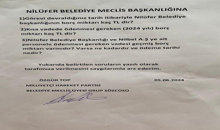 MHPden Nilüfer Belediyesine 3 soruluk önerge