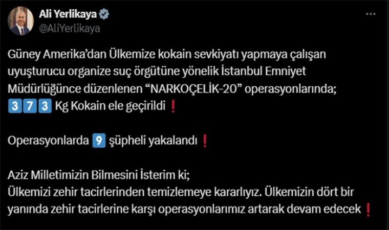 Narkoçelik-20 operasyonlarında 373 kilo kokain ele geçirildi