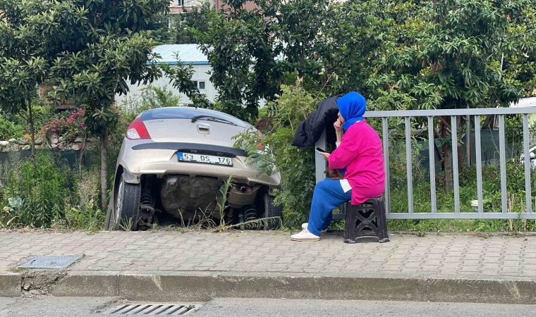 Rizede bariyerleri aşarak bahçe ile kaldırım arasında asılı kaldı