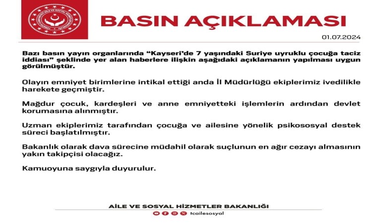 Aile ve Sosyal Hizmetler Bakanlığından Kayserideki taciz iddialarına ilişkin açıklama