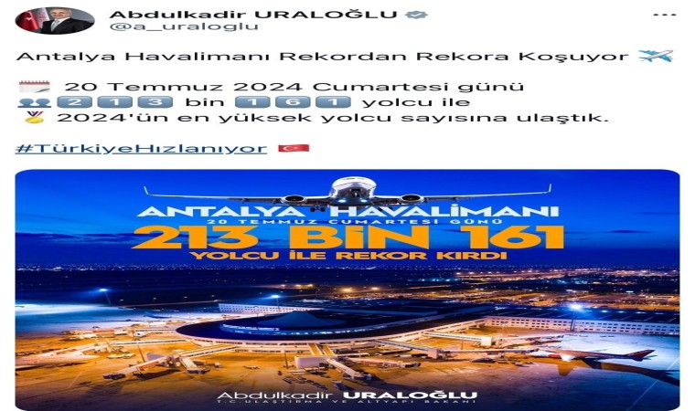 Bakan Uraloğlu Antalya Havalimanının yeni rekorunu duyurdu