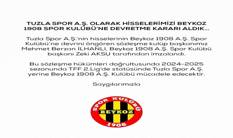 Tuzlaspor, hisselerini Beykoz 1908 SKya devrettiğini açıkladı