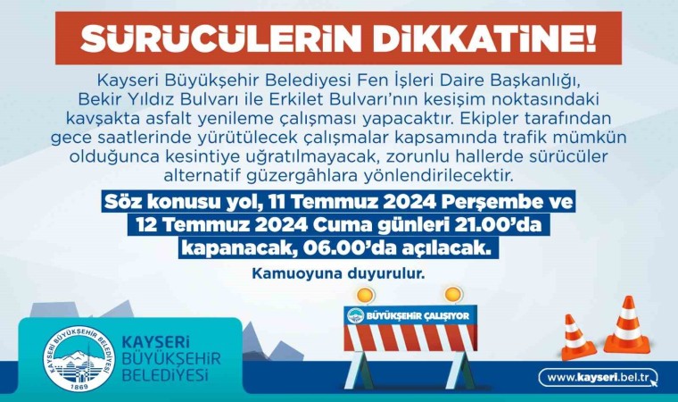 Yol yapım çalışmaları yapan Büyükşehirden araç sürücülerine uyarı