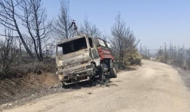 Eceabattaki orman yangınında bir arazöz yandı