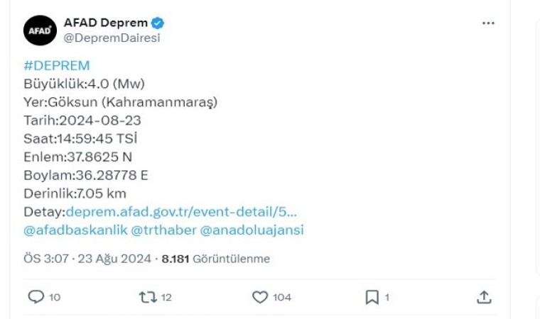 Kahramanmaraşta 4 büyüklüğünde deprem