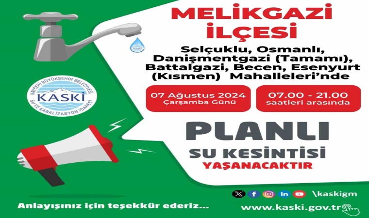 Melikgazideki 6 mahallede su kesintisi yaşanacak