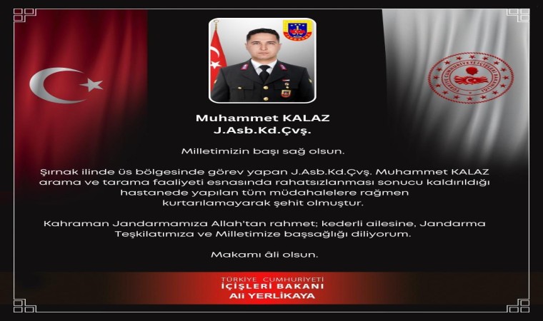 Şırnakta üs bölgesinde rahatsızlanan jandarma şehit oldu