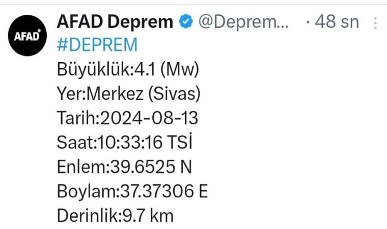 Sivasta 4.1 büyüklüğünde deprem