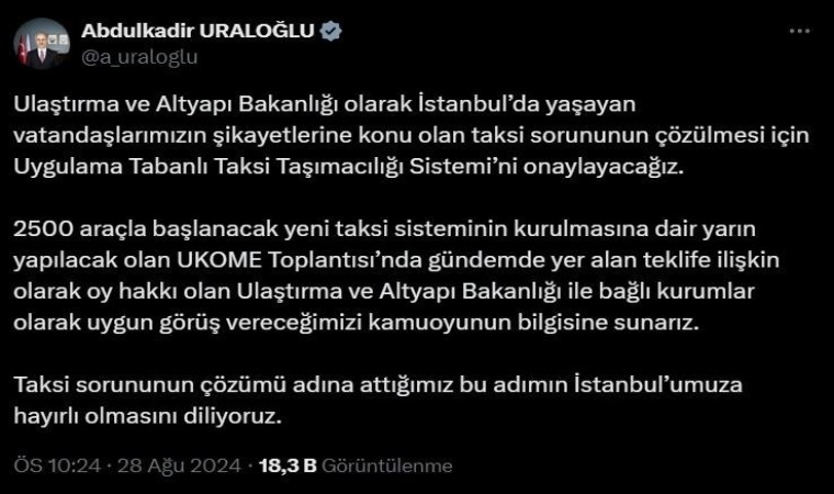 Ulaştırma ve Altyapı Bakanı Uraloğlu: Uygulama Tabanlı Taksi Taşımacılığı Sistemini onaylayacağız