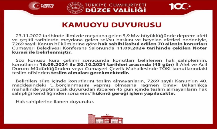 Düzce Valiliğinden konutunuzu teslim alın duyurusu