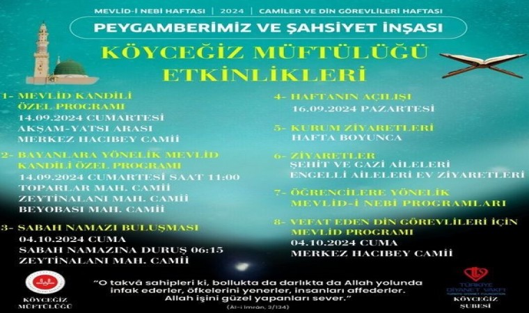 Köyceğizde Mevlid-i Nebi ve Camiler ve Din Görevlileri Haftası bir dizi etkinlikle kutlanacak