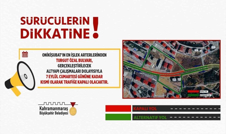 Turgut Özal Bulvarı, 7 Eylüle kadar kısmi olarak trafiğe kapatıldı