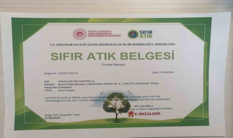 Aras EDAŞ sürdürülebilirlik çalışmaları kapsamında ‘Sıfır atık belgesini aldı