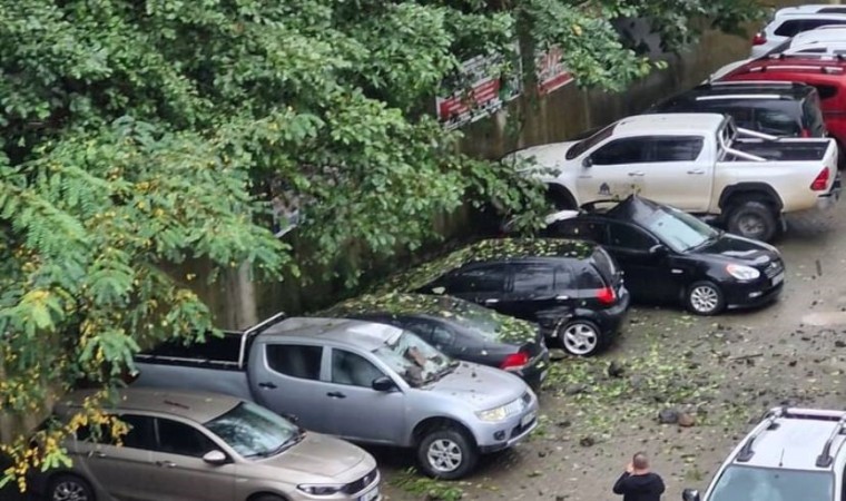 Artvinin Hopa ilçesinde yamaçtan kopan kayalar park halindeki 7 araca hasar verdi