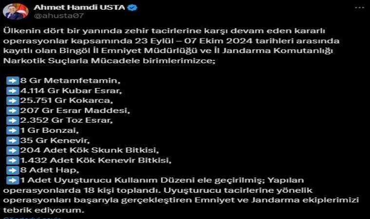 Bingölde son bir haftanın asayiş verileri açıklandı: 28 gözaltı, 2 tutuklama