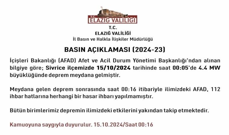 Elazığ Valiliğinden deprem açıklaması: “Herhangi bir hasar ihbarı yapılmamıştır”