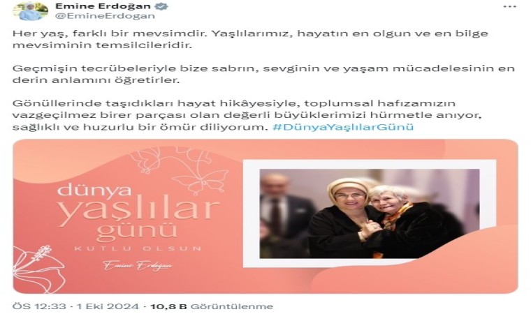 Emine Erdoğandan Dünya Yaşlılar Günü mesajı