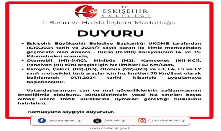 Eskişehirden geçen Ankara-Bursa karayolundaki hız limiti düşürüldü