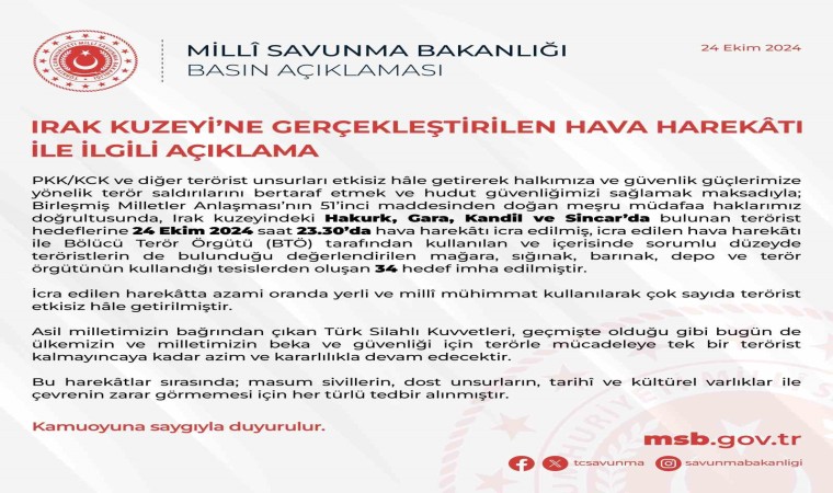 Irakın kuzeyine hava harekatı: 34 hedef imha edildi