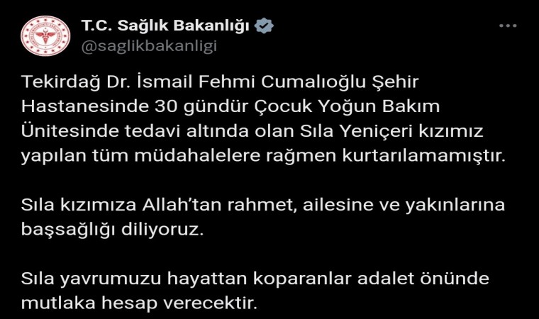 Sağlık Bakanlığı: Sıla yavrumuzu hayattan koparanlar adalet önünde mutlaka hesap verecektir