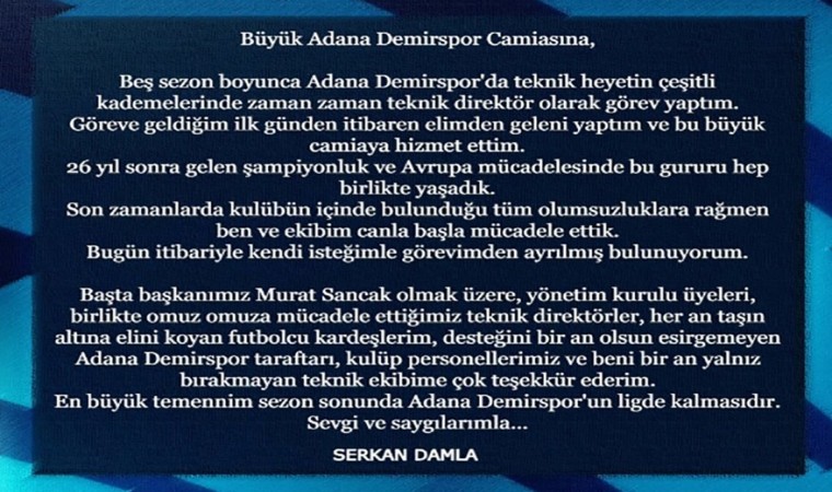 Adana Demirsporda Serkan Damla dönemi sona erdi