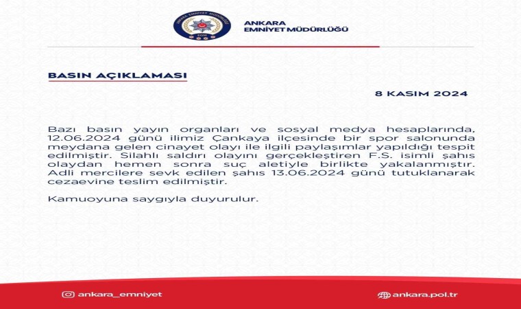 Ankara Emniyetinden spor salonunda meydana gelen cinayetle ilgili açıklama