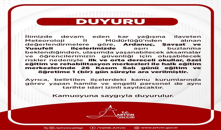 Ardanuç, Yusufeli, Şavşatta kar yağışı nedeniyle eğitime ara verildi