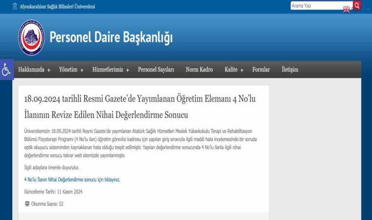 Bölüm başkanının eşi iddiaya göre iki defa okunan sınavda 100 puan alıp 10 kişinin önüne geçip, işe başladı