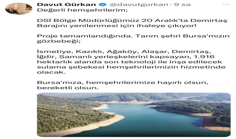 Demirtaş Barajı 20 Aralıkta ihaleye çıkıyor