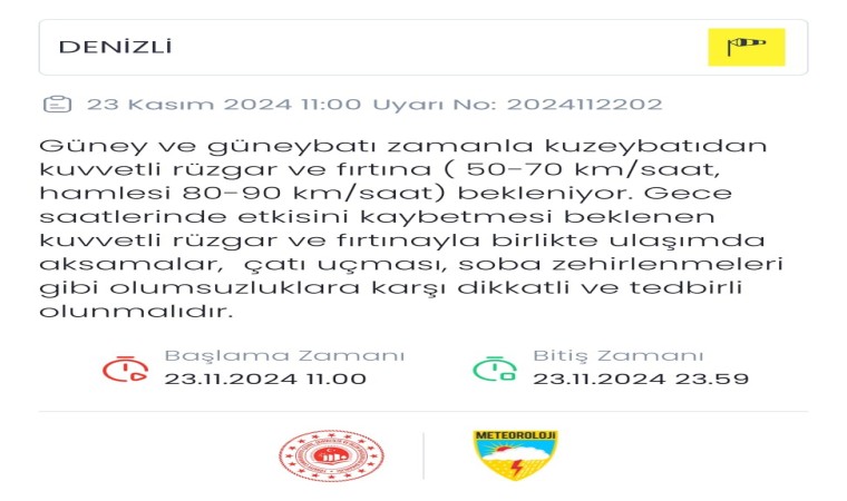 Denizliye kuvvetli rüzgar ve fırtına uyarısı