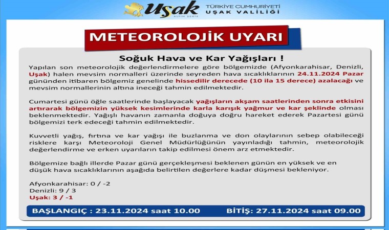 Uşak Valiliğinden soğuk hava ve kar yağışı uyarısı