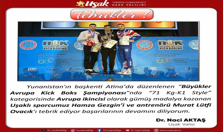 Vali Aktaştan Uşaklı sporcuya tebrik